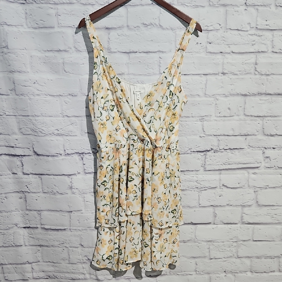 Maurices Cream Floral Tiered Mini Dress With Yellow & Green Floral Print
